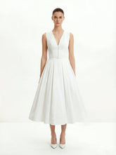 Front V-Neck Pleated Midi Dress - White