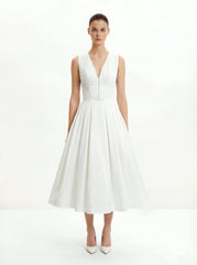 Front V-Neck Pleated Midi Dress - White