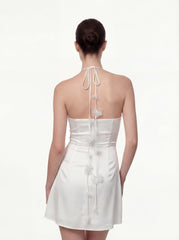 Floral Ruched Halter Mini Dress - White