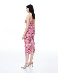 Fiora Halter Neck Floral Embroidered Maxi Dress - Rose Red