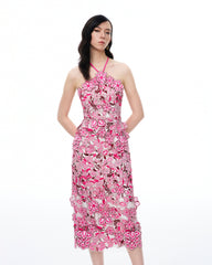Fiora Halter Neck Floral Embroidered Maxi Dress - Rose Red