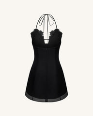 Flower Embroidered Mini Dress - Black