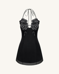 Flower Embroidered Mini Dress - Black