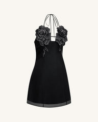 Flower Embroidered Mini Dress - Black