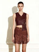 Faux Suede V-Neck Fringe Top - Chocolate Brown