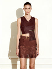 Faux Suede V-Neck Fringe Top - Chocolate Brown