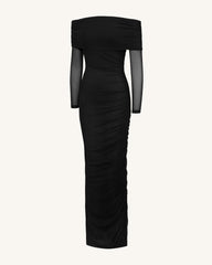 Ruched Off-Shoulder Mesh-Sleeve Mermaid Maxi Dress - Black