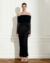 Ruched Off-Shoulder Mesh-Sleeve Mermaid Maxi Dress - Black