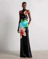 Floral Satin Halter Dress - Multicolor Black