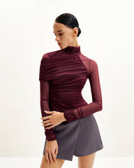 Ella Sheer Ruched Turtleneck Top - Burgundy