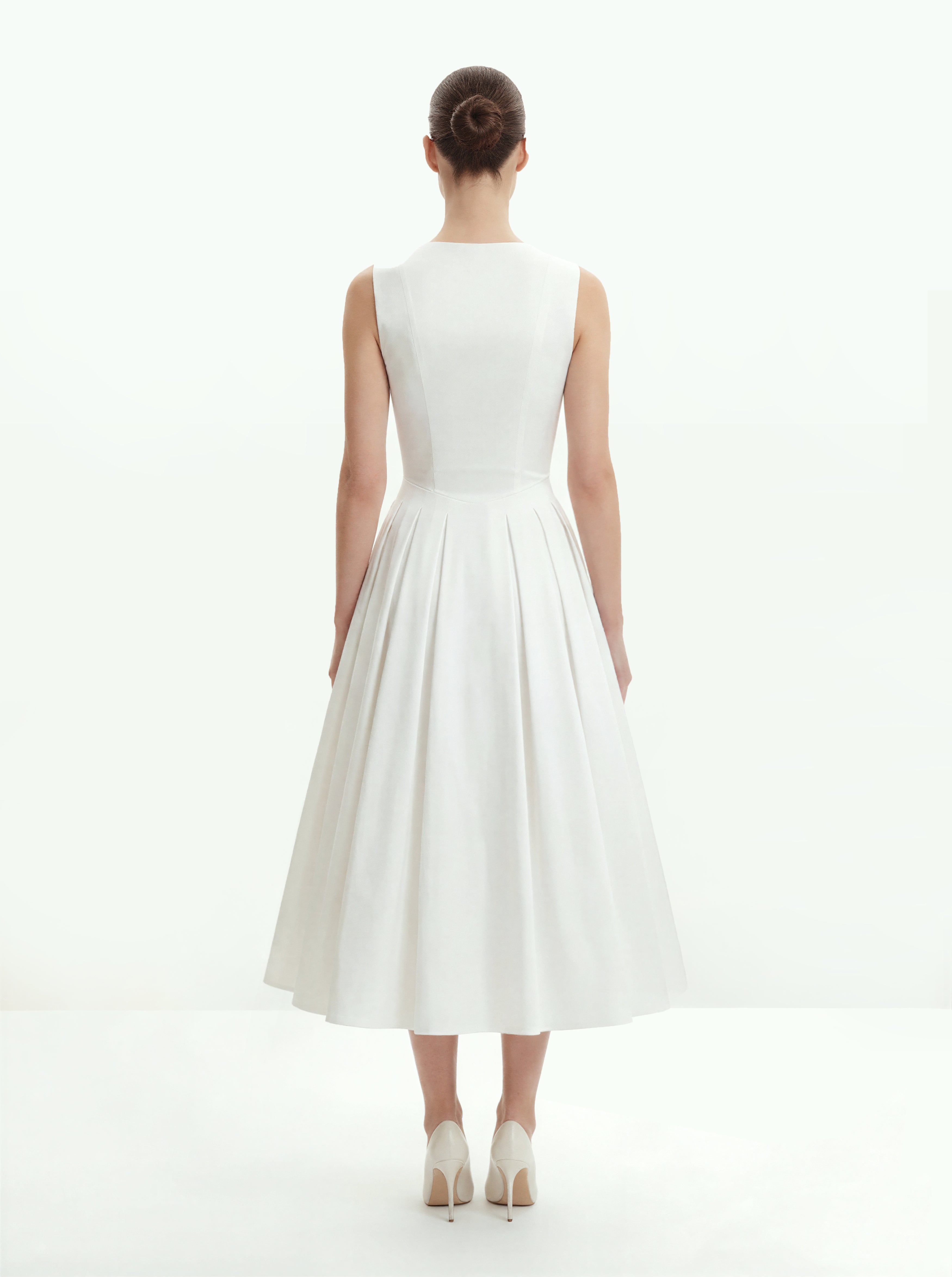 Front V-Neck Pleated Midi Dress - White