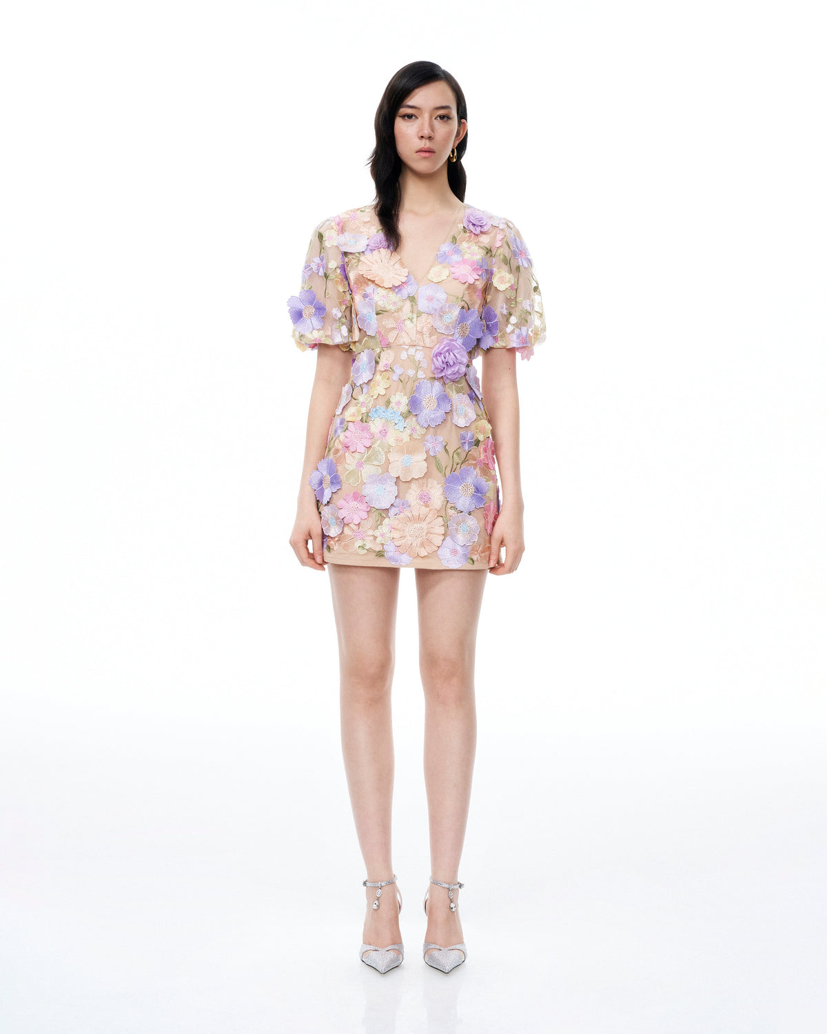 Evangeline 3D V-Neck Floral Embroidered Dress - Pastel Multi