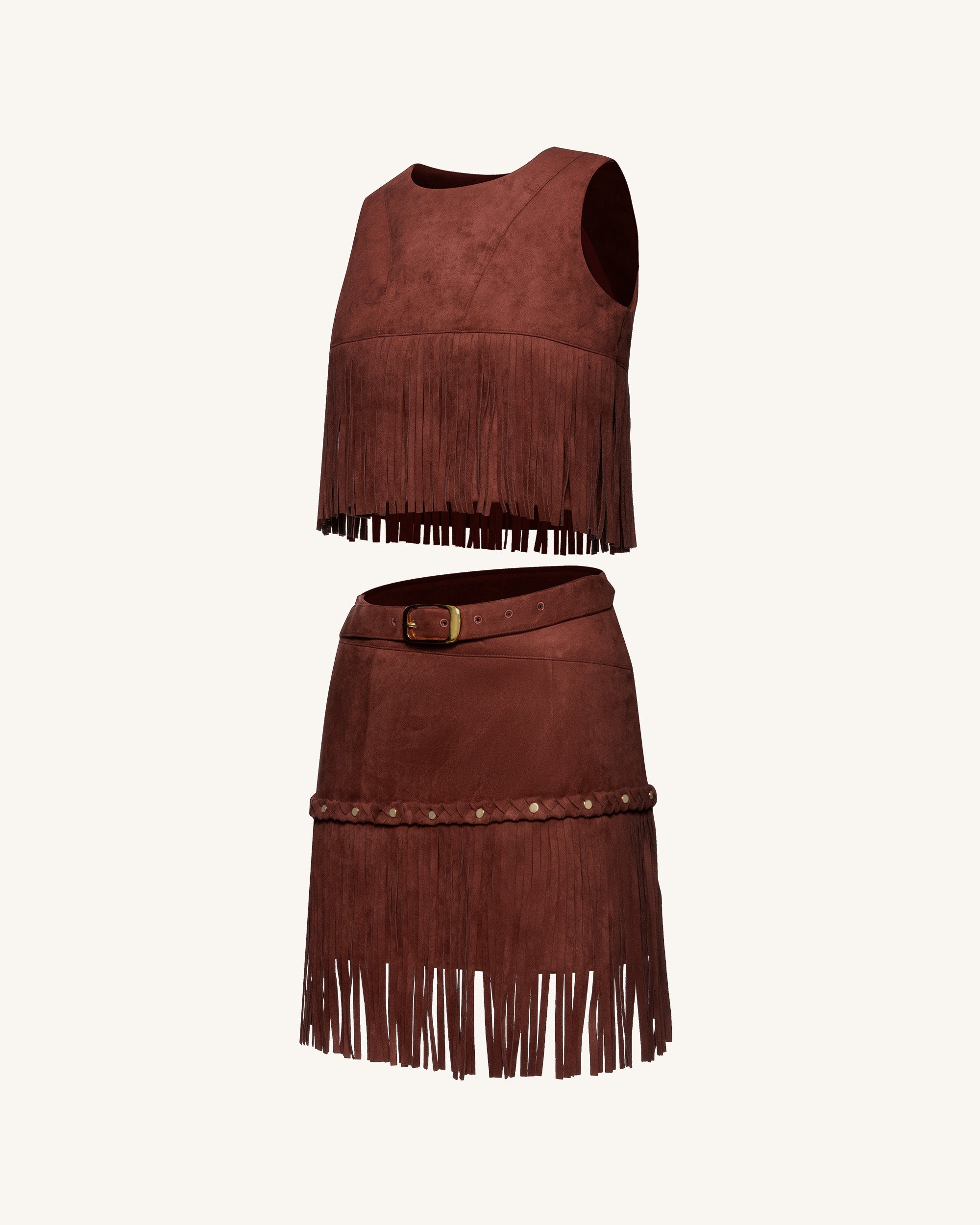 Faux Suede Fringe Halter - Burgundy