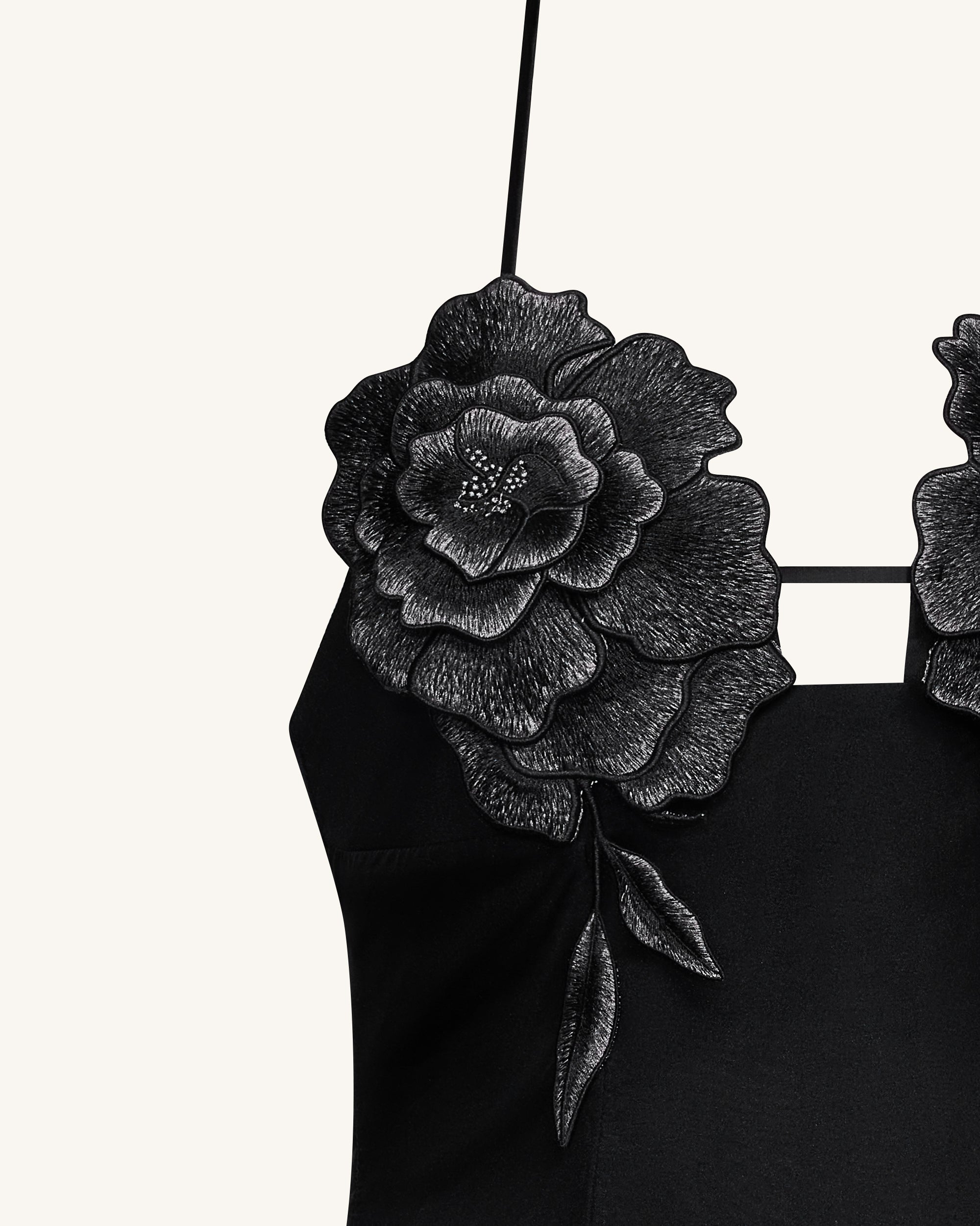 Flower Embroidered Mini Dress - Black