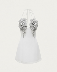 Flower Embroidered Mini Dress - White