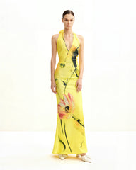 Floral Satin Halter Dress - Yellow/Pink