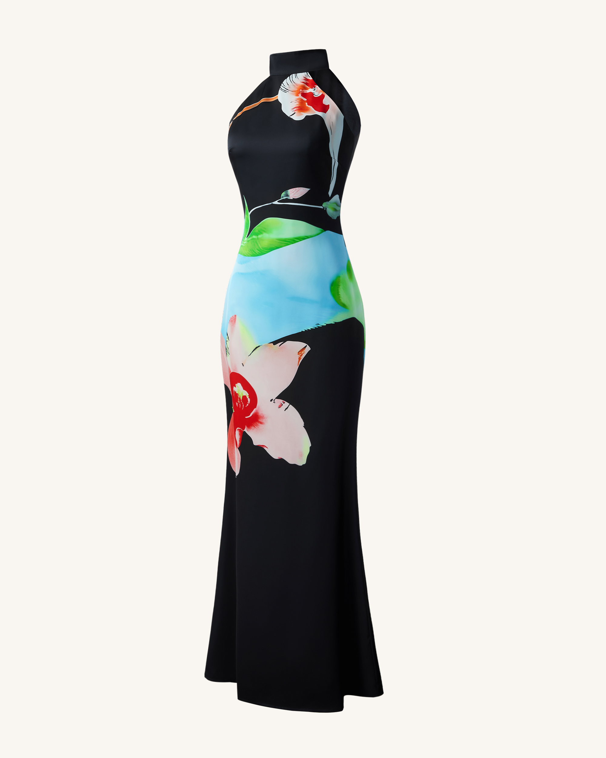 Floral Satin Halter Dress - Multicolor Black
