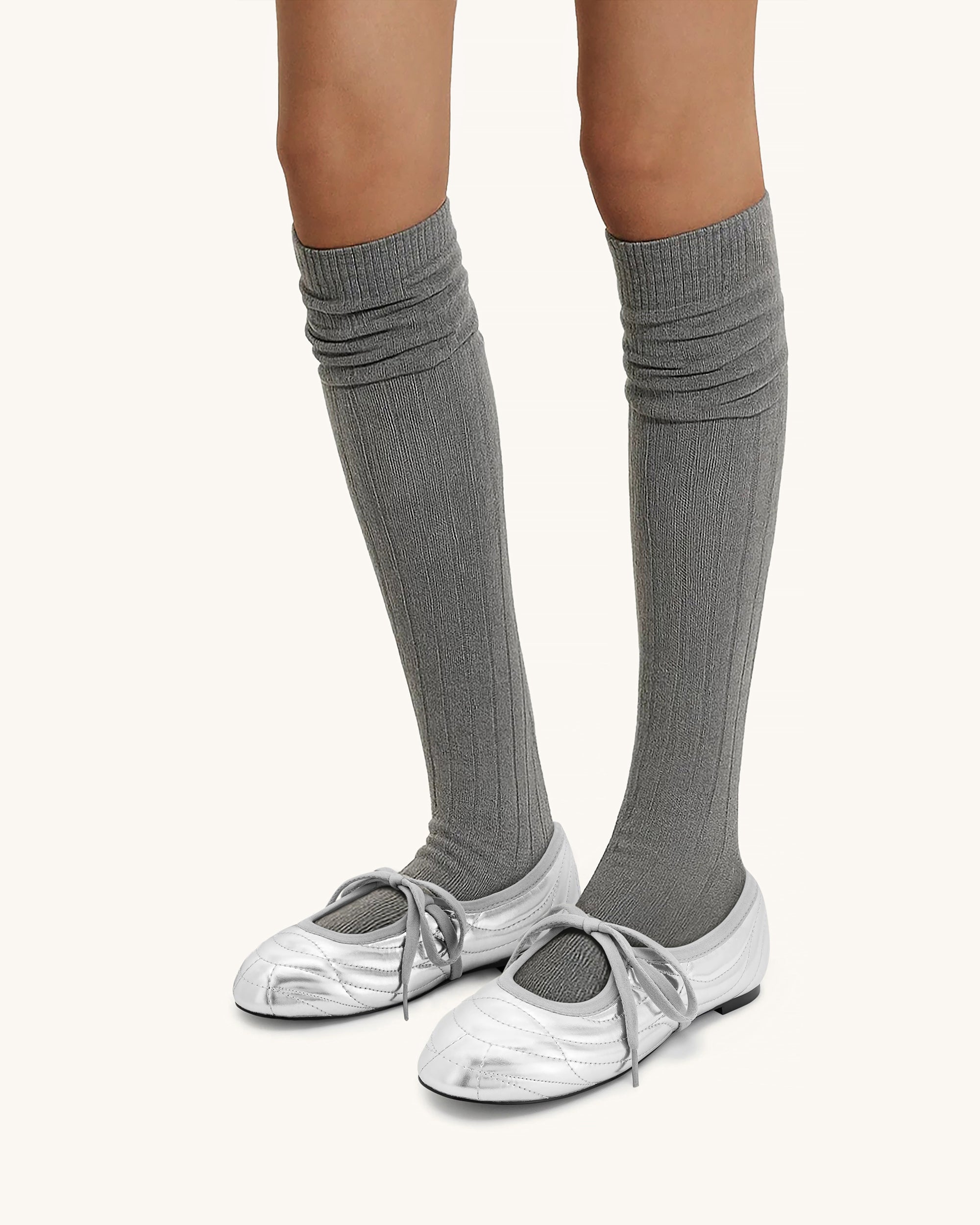 Erika Topstitching lace-up ballet Flats- Silver