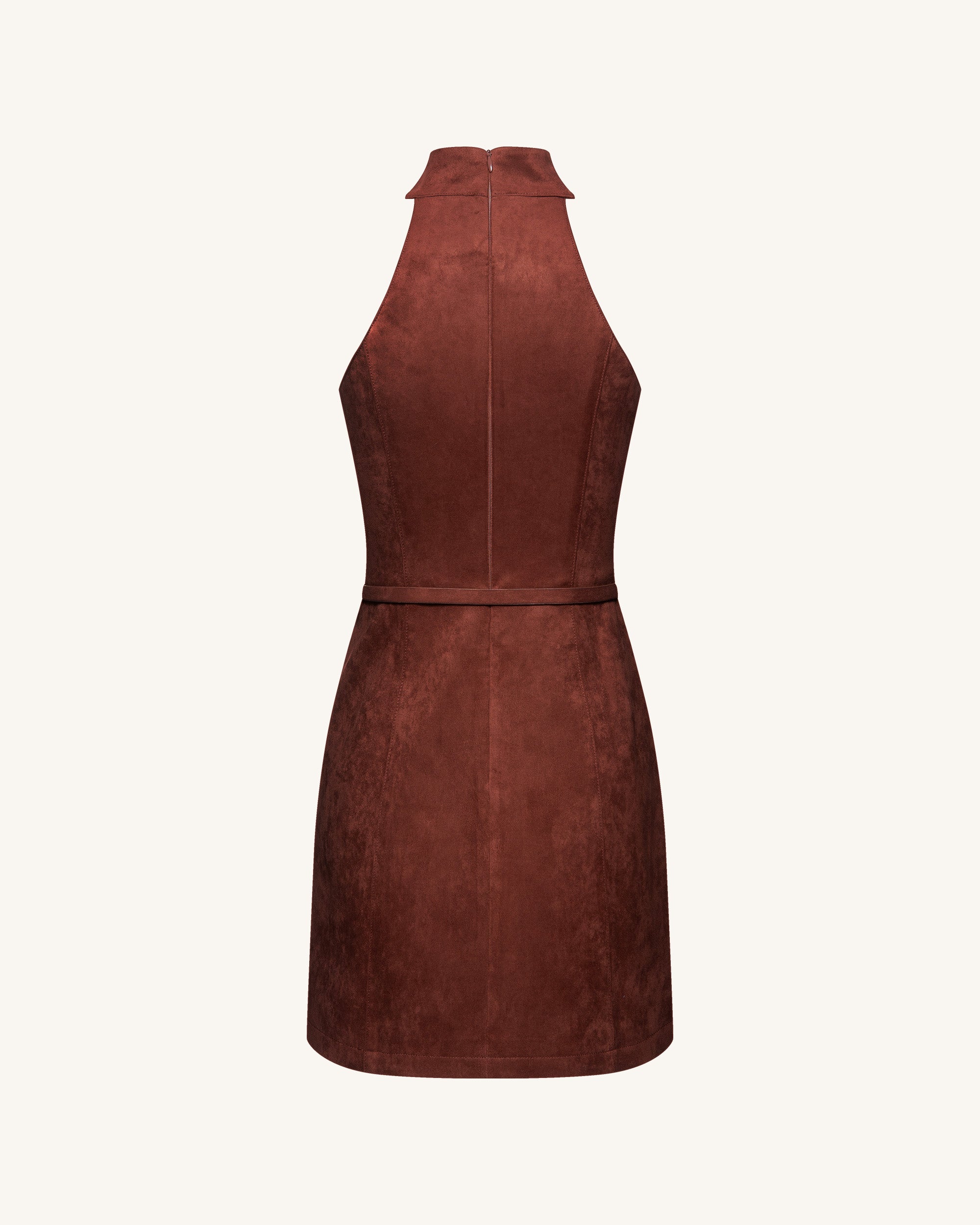 Faux Suede Halter Neck Zip-Front Mini Dress - Burgundy