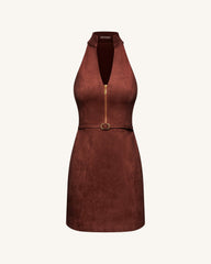 Faux Suede Halter Neck Zip-Front Mini Dress - Burgundy