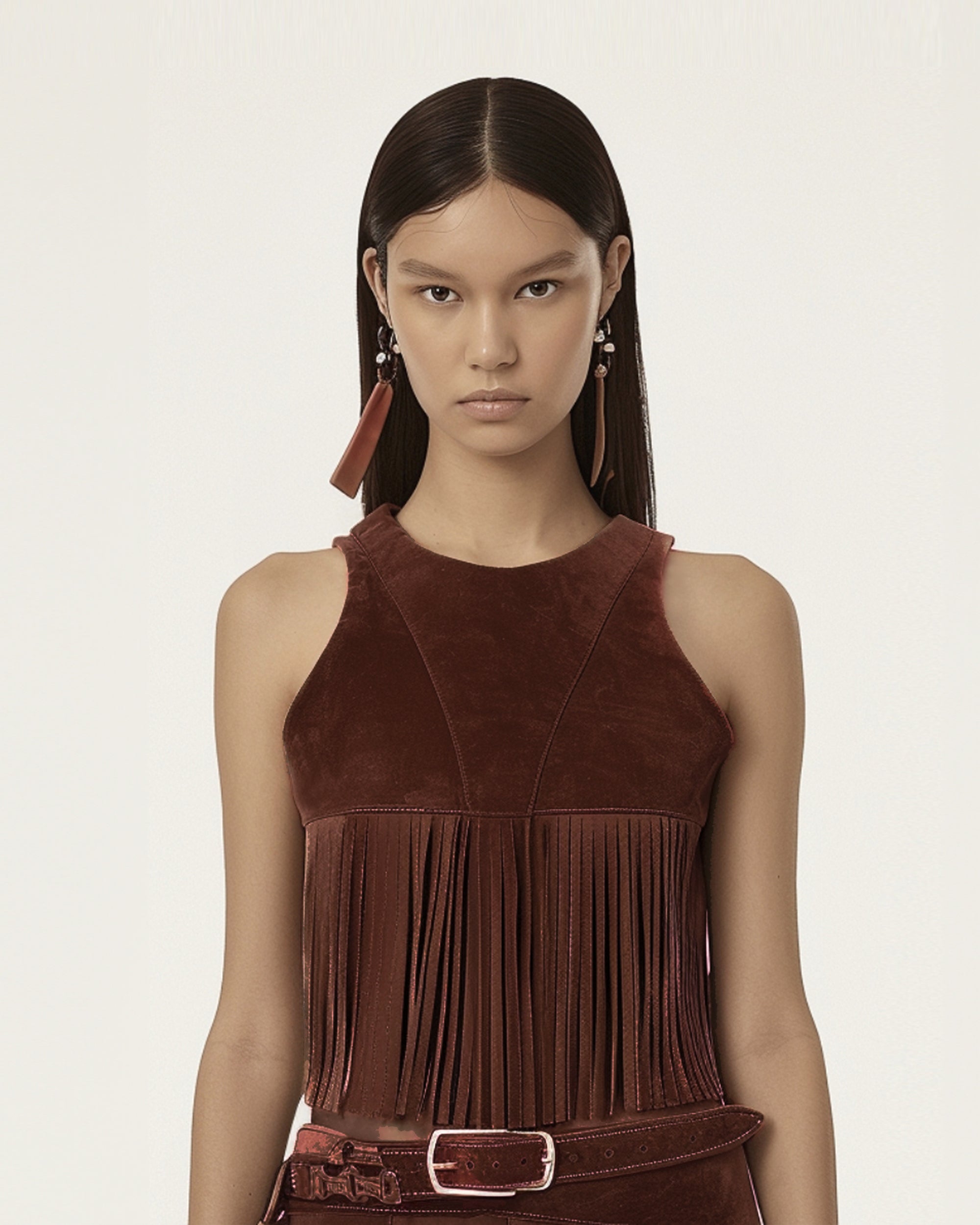 Faux Suede Fringe Halter - Burgundy