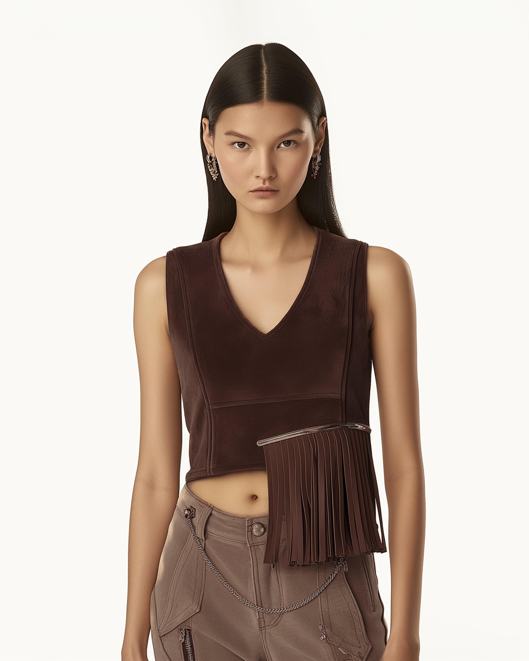 Faux Suede V-Neck Fringe Top - Chocolate Brown
