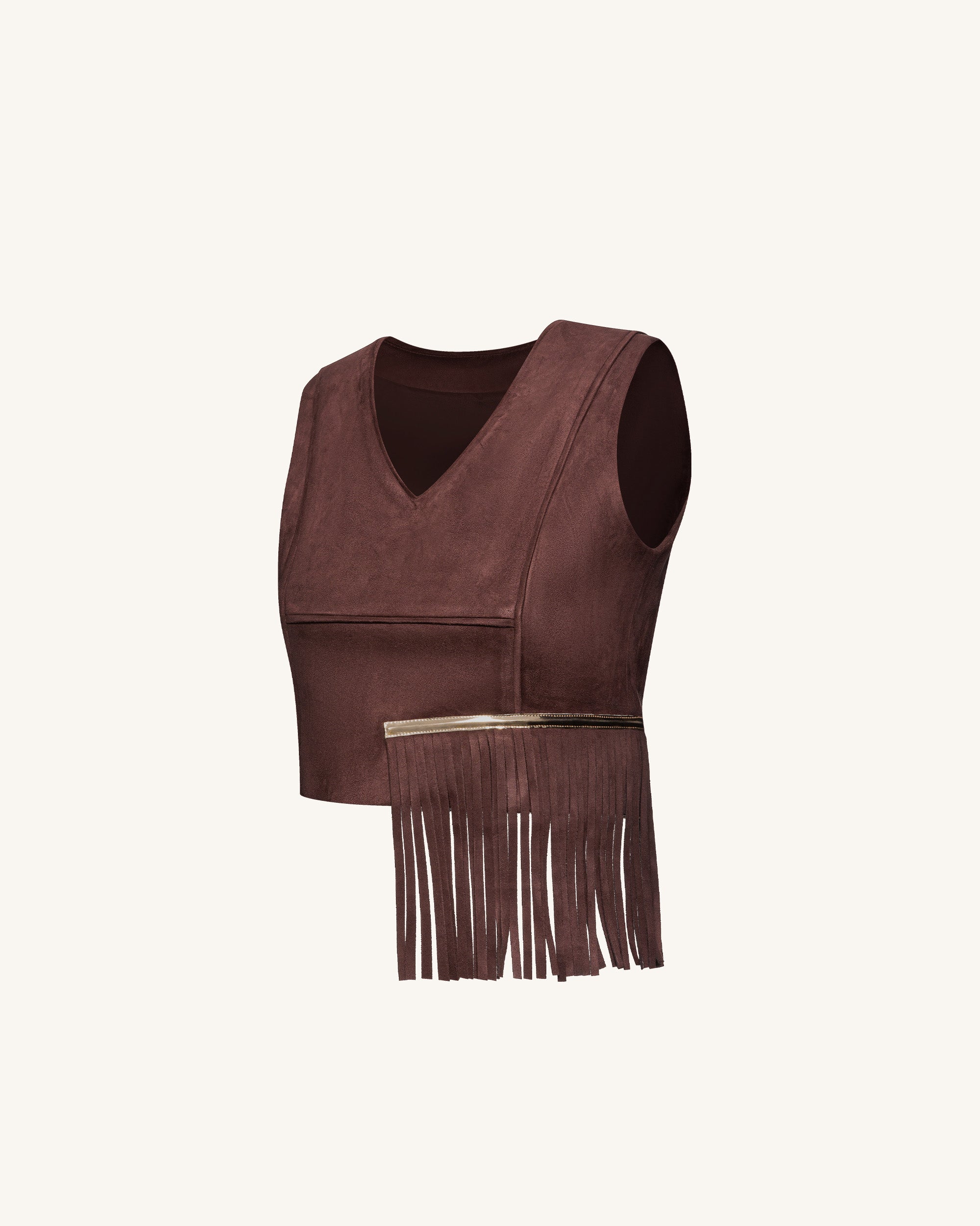 Faux Suede V-Neck Fringe Top - Chocolate Brown