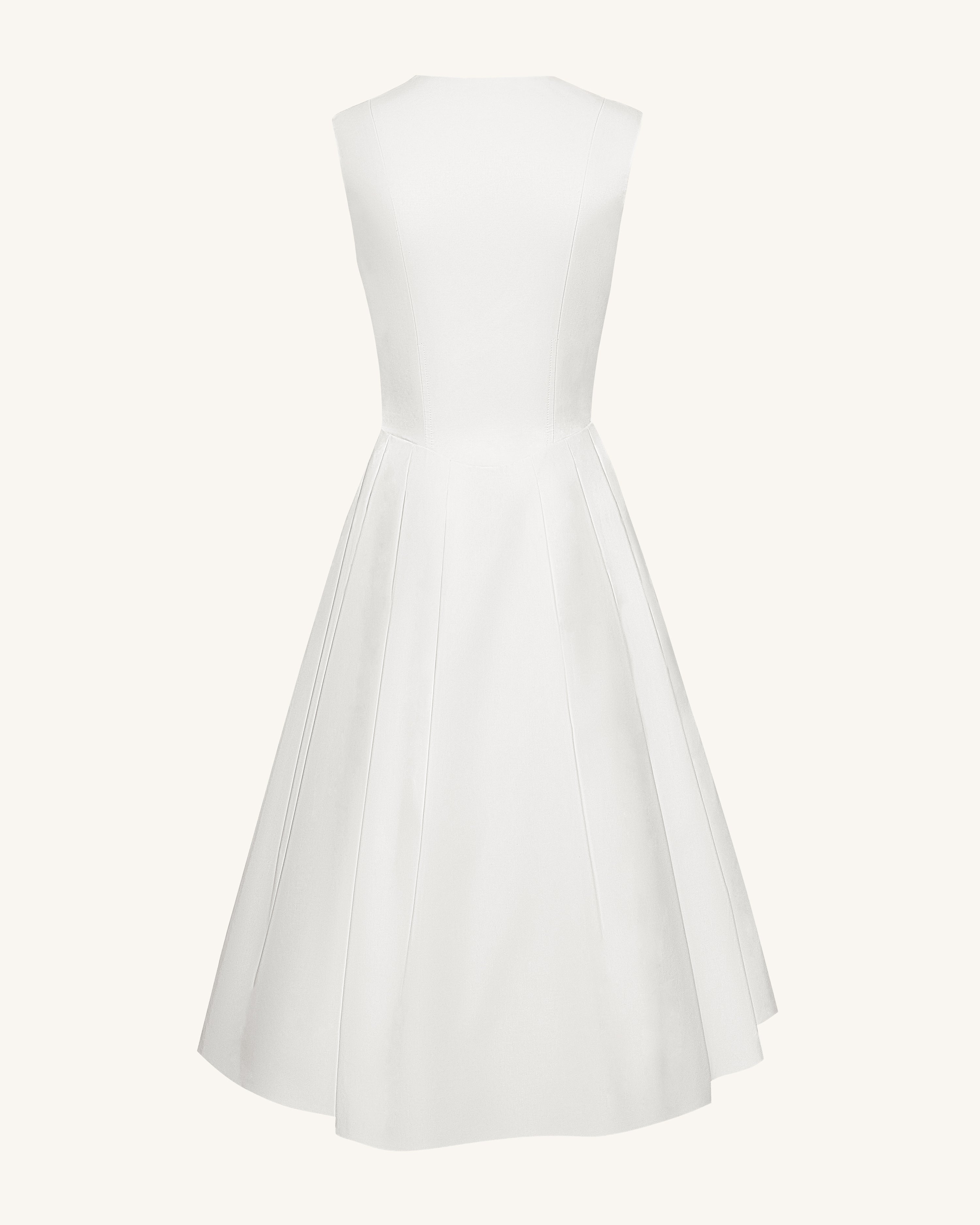 Front V-Neck Pleated Midi Dress - White