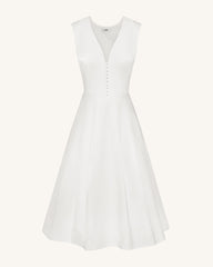 Front V-Neck Pleated Midi Dress - White